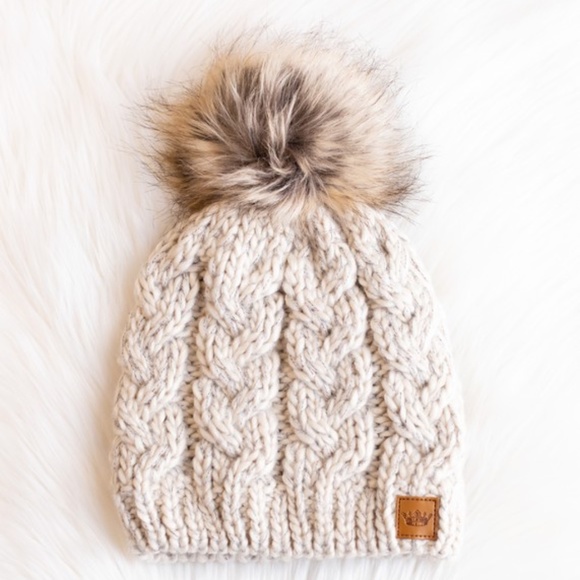 SOLD OUT Tan Cable Knit Faux Fur Pompom Beanie Fleece Lined Women's Winter Hat - Picture 3 of 4